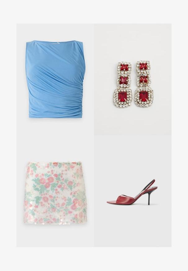 Blue sleeveless top made of soft fabric featuring draped ruching on one side, with a round neckline and smooth texture.; Floral-patterned white fabric with pastel pink and green flowers, featuring a textured surface and subtle sequins along the bottom edge.; Red leather slingback heeled sandal with a pointed open toe design, thin strap across the foot, and a narrow stiletto heel.; Dangle earrings with three large square and rectangular red gemstones each, surrounded by smaller clear rhinestones in gold settings.