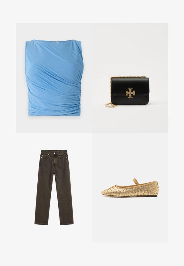 Blaues ärmelloses Oberteil aus weichem Stoff mit drapiertem Rüscheneinsatz auf einer Seite, runder Halsauschnitt und glatter Textur.; Helles blaues Polohemd mit kurzen Ärmeln, einer gerippten Textur, einem flachen Kragen und einer Vorderleiste mit sechs passenden Knöpfen.; Dunkelbraune gerade geschnittene Jeans aus Denim mit einem klassischen Fünf-Taschen-Design, metallischen Beschlägen und sichtbaren Nähdetails.; Loeffler Randall LEONIE SOFT BALLET FLAT - Riemchenballerina - gold; Schwarze Ledertasche mit goldfarbener Kettenriemen und Logo-Akzent. Hat eine rechteckige Form mit einem umklappbaren Klappenverschluss. Glatte Textur.
