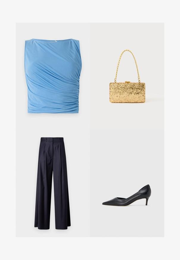 Blaues ärmelloses Oberteil aus weichem Stoff mit drapiertem Rüscheneinsatz auf einer Seite, runder Halsauschnitt und glatter Textur.; Hose mit weitem Bein aus dunkelblauem Stoff, ausgestattet mit Falten, einer glatten Textur, einem maßgeschneiderten Design und einer hohen Taille.; Schwarzer Pumps aus Leder mit spitzer Zehenpartie und niedrigem Absatz. Verfügt über eine glatte Textur und dezenten Glanz. Vordere Öffnung für ein zusätzliches Detail.; Goldene Pailletten-Clutch mit rechteckiger Form, ausgestattet mit einem gedrehten Kettenhenkel und einem Metallverschluss, der das Licht mit einer strukturierten Oberfläche reflektiert.