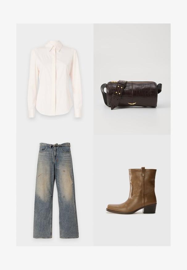 Helles rosa Hemd mit langen Ärmeln aus glattem Stoff, ausgestattet mit einem klassischen Kragen und einer Knopfleiste, mit schmalen Manschetten und taillierter Form.; Helle blaue Denim-Jeans mit einem lockeren, geraden Schnitt. Verfügt über Ausbleichungen, Verwaschungen und abgenutzte Details an den Knien. Klassisches Fünf-Taschen-Design.; Braune Leder-Ankle-Boots mit quadratischer Zehenform, strukturiertem Finish und niedrigem, gestapeltem Absatz. Ausgestattet mit einer Zuglasche auf der Rückseite und dezenten Stickdetails.; Braune, krokodilgeprägte Lederhandtasche mit zylindrischer Form, goldfarbener Hardware und einem abnehmbaren Tragegurt mit Nieten.
