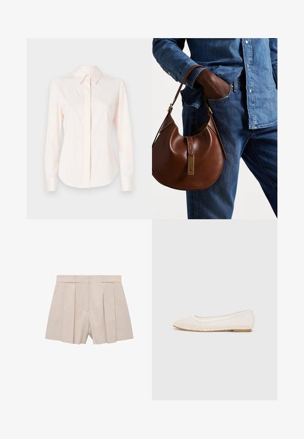 Lyserød langærmet skjorte lavet af glat stof, med klassisk krave og knappet stolpe, samt tætsiddende manchetter og en skræddersyet form.; Beige plisserede shorts med et skræddersyet design, der har høj talje og en glat tekstur. Fire frontplisseringer skaber volumen. Ingen lommer.; Hvide flade sko med mesh-design, spids tå og en lav, flad sål. Tekstureret overdel med en glat foring og subtile kontrastkanter.; Brun læder hobo taske med en afrundet form, der har et guldhardware-element og kontraststing. Sammen med en denimskjorte og jeans.