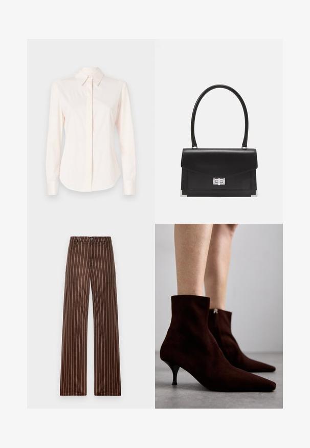 Camicia a maniche lunghe rosa chiaro realizzata in tessuto liscio, con colletto classico e patta con bottoni, polsini aderenti e una forma sagomata.; Pantaloni a palazzo a righe marroni realizzati in un tessuto liscio, con chiusura a bottone, due tasche frontali e righe verticali color crema.; Stivali alla caviglia in suede marrone con punta affusolata, tacco alto elegante e dettaglio con zip sul retro, caratterizzati da una superficie liscia e un design minimalista.; Borsa a tracolla in pelle nera con un design strutturato, manico superiore e chiusura in argento. Presenta accenti agli angoli e una texture liscia.