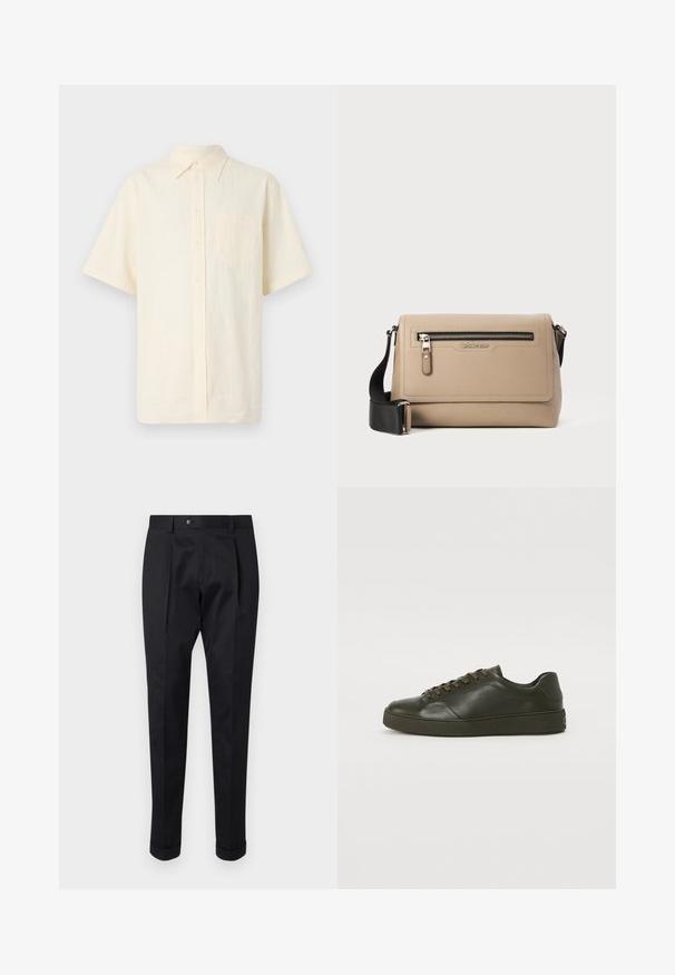 Koszula z krótkim rękawem zapinana na guziki w jasnym kremowym kolorze, wykonana z teksturowanej tkaniny, z kieszenią na piersi i klasycznym kołnierzykiem.; Czarne spodnie wykonane z gładkiego materiału, z zakładką z przodu, zapięciem na guzik i podwiniętymi mankietami na kostkach.; Ciemnozielone skórzane sneakersy z brązowymi sznurowadłami, zaokrąglonym noskiem i teksturowaną gumową podeszwą. Gładkie wykończenie z minimalną ilością detali ze szwów.; Beżowa skórzana torebka na ramię o teksturowanym wykończeniu, z przednią kieszenią zapinaną na zamek i regulowanym czarnym paskiem. Logo widoczne z przodu.