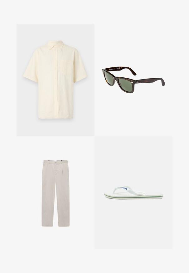 Short-sleeve button-up shirt in pale cream, made from textured fabric, featuring a chest pocket and a classic collar.; Light beige trousers made of soft fabric, featuring a straight cut, two side pockets, and a front button closure. Lightweight and smooth texture.; White flip-flop with a textured footbed, slim straps, and a multicolored accent line on the sole. Features logo on the strap.; Wayfarer sunglasses with dark tortoiseshell plastic frame, green lenses, and silver Ray-Ban logo on the temple.