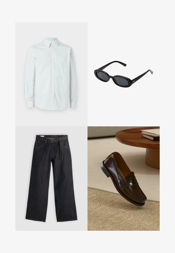 Les Deux KENT biały; Ciemnoniebieskie spodnie o szerokich nogawkach z paskiem w talii, z kieszeniami z przodu i kontrastowym przeszyciem. Gładka tekstura z minimalistycznym wzornictwem.; Brązowe skórzane mokasyny o błyszczącym wykończeniu, z przeszyciem z przodu i niskoprofilową czarną gumową podeszwą.; Czarne, oversize okulary przeciwsłoneczne z owalnymi soczewkami, gładkim plastikowym mostkiem i złotymi akcentami na zausznikach. Ciemne soczewki zapewniają ochronę przed słońcem.