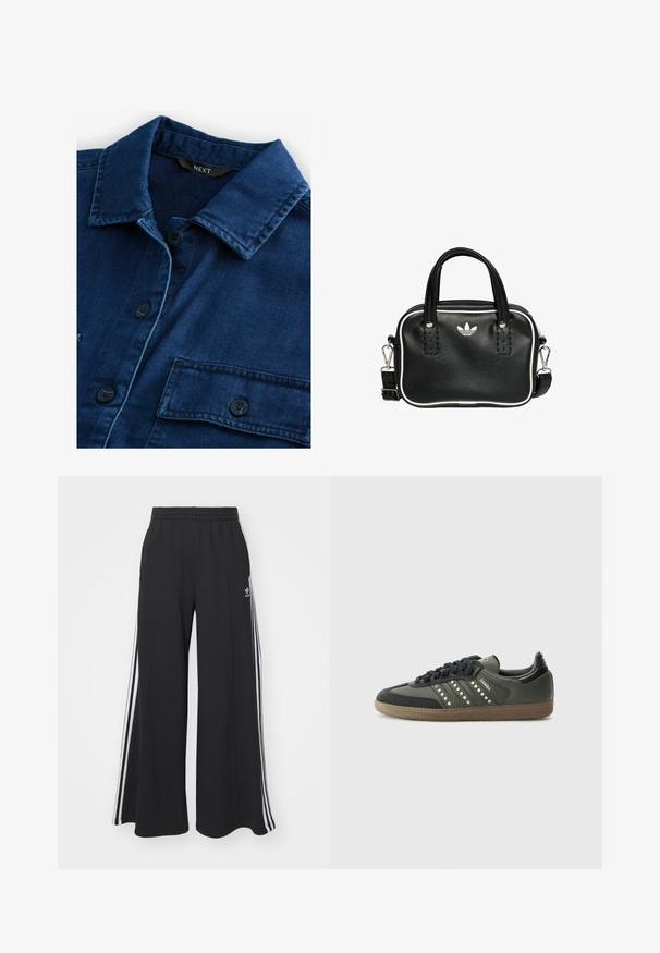 Camicia in denim blu scuro con colletto classico, chiusura con bottoni frontali e due tasche sul petto con bottoni neri e cuciture tono su tono.; Pantaloni in felpa neri a gamba larga con vita elastica, dotati di strisce bianche sui lati e un logo ricamato sulla coscia sinistra.; adidas Originals SAMBA OG - Sneakers basse - core black/legend earth/gum; Borsa a mano in pelle nera con due manici corti, hardware argentato, dettagli bianchi e un logo bianco. Presenta una superficie strutturata e un design compatto.