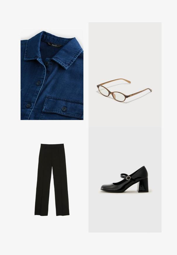 Cămașă din denim albastru închis cu guler clasic, închidere cu nasturi pe front și două buzunare pe piept cu nasturi negri și cusături tonale.; Pantaloni largi negri, confecționați dintr-un material fin, cu un talie ajustată și pliuri frontale subtile pentru un plus de textură.; Pantofii Mary Jane din piele patent neagră, cu vârful rotund, curea ajustabilă și toc rectangular, masiv. Textură netedă cu finisaj lucios.; Ochelari în nuanță de țestoasă maro, cu lentile ovale, brațe subțiri și accente transparente. Prezintă un logo subtil pe tâmplă. Design elegant și ușor.