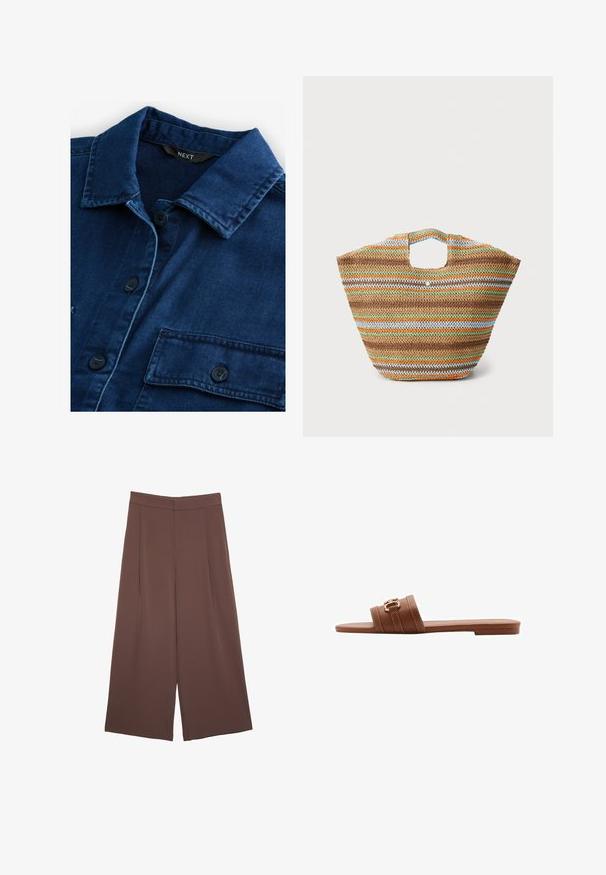 Mörkblå denimskjorta med klassisk krage, framknäppning och två bröstfickor med svarta knappar och ton-i-ton-söm.; Bruna vida byxor med en slät textur, som har hög midja och framfickor. Tyget är lätt och flödar löst.; Brun lädersandaler med två breda remmar, präglade med dekorativ sömnad och en guldfärgad spänne. Platt såldesign.; Vävd halmtofs med flerfärgade ränder i brunt, grönt, orange och blått. Har en platt form och två handöppningar. Lätt design.