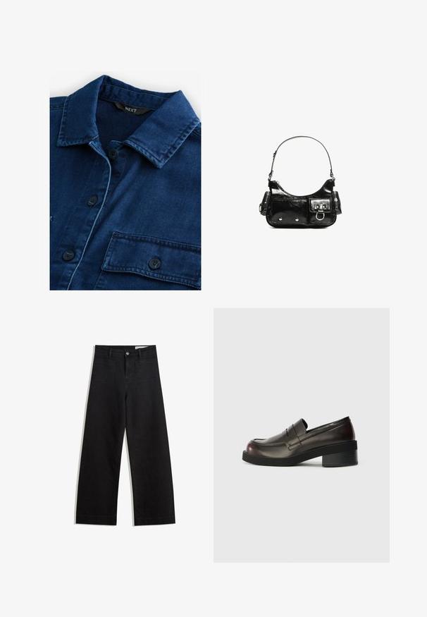 Donkerblauwe denim shirt met een klassieke kraag, een sluiting met knopen aan de voorkant en twee borstzakken met zwarte knopen en ton sur ton stiksels.; Zwarte denim broek met wijde pijpen en een hoge taille, voorzien van voor- en achterzakken, gestikte naden en een knoopsluiting. Gladde textuur.; Donkerbruine leren instappers met een ronde neus, gestikte details en een gematigd blokhak. Fluweelzachte textuur, minimalistisch ontwerp.; Zwarte laarzen in lakleer met een gebogen vorm, één schouderband, voorvakken en accenten in zilverkleurig metaal.