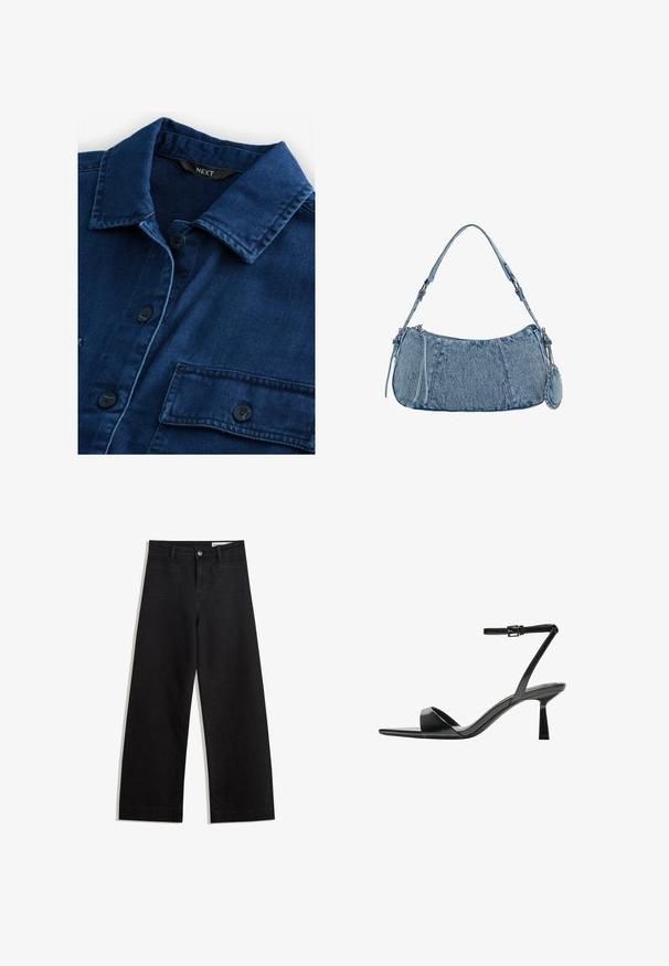 Donkerblauwe denim shirt met een klassieke kraag, een sluiting met knopen aan de voorkant en twee borstzakken met zwarte knopen en ton sur ton stiksels.; Zwarte denim broek met wijde pijpen en een hoge taille, voorzien van voor- en achterzakken, gestikte naden en een knoopsluiting. Gladde textuur.; Bershka Sandalen met hoge hak - black; Denim handtas met een gebogen vorm, lichtblauwe kleur, verstelbare schouderriem en een kleine afneembare pouch met metallic accenten.