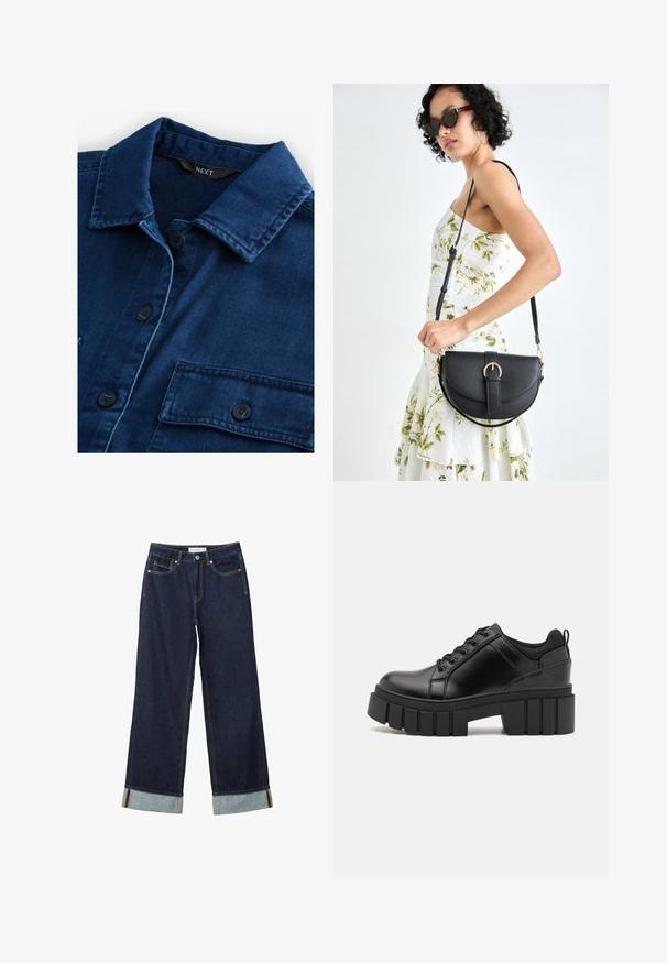 Camicia in denim blu scuro con colletto classico, chiusura con bottoni frontali e due tasche sul petto con bottoni neri e cuciture tono su tono.; Jeans ampi di colore blu scuro con vita alta, dotati di risvolti, cuciture a contrasto e design a cinque tasche. Realizzati in tessuto denim.; Scarpe platform in pelle nera con tacco a blocco robusto, punta rotonda e design tradizionale con lacci. Presentano una superficie liscia e dettagli minimi.; Borsa a tracolla nera in pelle con una forma curva, manico rimovibile e accessori dorati. La borsa presenta una patta con un dettaglio a fibbia.