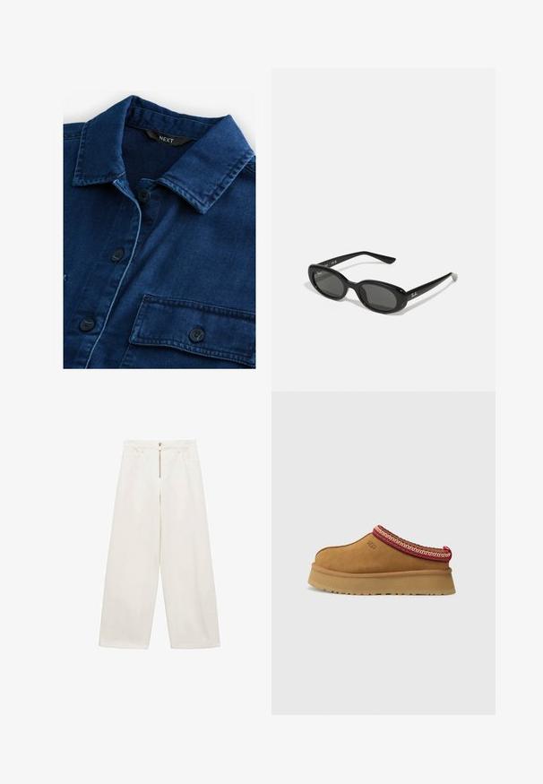 Tamno plavi traper košulja s klasičnom kragnom, prednjim zatvaranjem na gumbe i dva džepa na prsima s crnim gumbima i toniranim šavovima.; Hlače širokih nogavica od pamučnog materijala u boji slonovače. Sadrže prednji zip i dva bočna džepa. Glatka tekstura i dizajn opuštenog kroja.; Smeđe zamšaste cipele na sklizanje s crveno-cream uzorkom oko ruba, teksturiranim potplatom i UGG logom sa strane. Imaju blagu platformu.; Crne sunčane naočale s ovalnim lećama, sjajnim plastičnim okvirom i tankim krakovima. Značajka je Ray-Ban logo u bijeloj boji s strane.; Crvena kožna torba preko ramena s zakrivljenim dizajnom, glatkom teksturom i zatvaranjem na patentni zatvarač. Ima tanku dršku za nošenje.