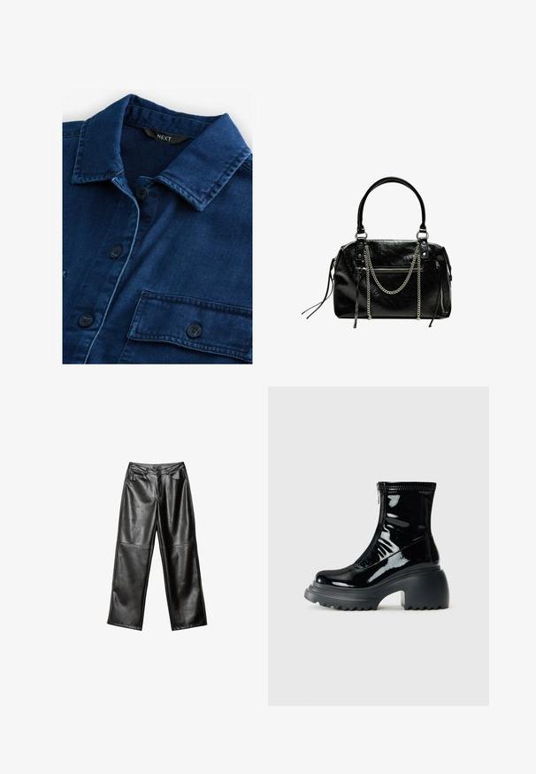 Dunkelblaue Denim-Hemd mit klassischem Kragen, frontaler Knopfleiste und zwei Brusttaschen mit schwarzen Knöpfen und tonalem Stich.; Schwarze Lederhosen im weiten Schnitt mit glatter Textur, Fünf-Taschen-Design und genähten Details entlang der Beine und am Bund.; Glänzende schwarze Plattform-Stiefelette mit runder Spitze, klobigem Absatz, Reißverschluss und dickem Profilsohle vor einem weißen Hintergrund.; Bershka WITH CHAIN - Handtasche - black