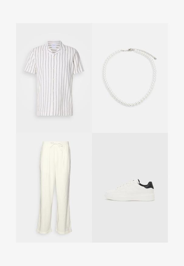 Camisa de linho de manga curta, com riscas verticais cinza claro em fundo branco, com colarinho clássico e fecho frontal com botões.; Calças de linho em off-white com um cós elástico, pernas ligeiramente largas e acabamentos dobrados para um ajuste descontraído. Sem bolsos.; Sapatilhas brancas de couro com padrão em relevo, entressola texturizada branca e detalhe em preto no calcanhar. Apresentam ponta arredondada e atacadores planos.; Colar de pérolas brancas com forma redonda uniforme, superfície lisa e fecho metálico com corrente de extensão para ajuste de comprimento.