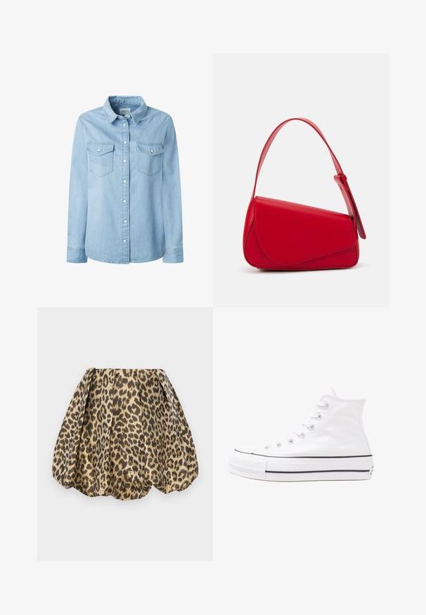 Šviesiai mėlynas džinsinis marškinis su klasikiniu apykaklės dizainu, ilgomis rankovėmis ir dviem krūtinės kišenėmis. Su mygtukų užsegimu ir tvirtu siuvimo detalių išdėstymu.; Sister Jane LOLA SKIRT - Trapecinis sijonas - tan; Balti aukštakulniai drobės sportbačiai su juodu guminio pado, priekinio guminio piršto dangteliu ir šešiais akytėmis raištams, pasižymintys švariu, minimalistiniu dizainu.; Raudona odinė rankinė su kampuota, geometrine forma. Pasižymi viena reguliuojama dirželiu ir dangteliu su siuvinėtais dekoracijomis.