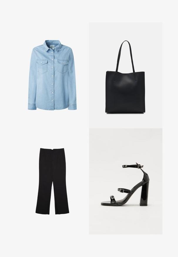 Svetlo modrá denimová košeľa s klasickým golierom, dlhými rukávmi a dvoma náprsnými vreckami. Obsahuje predné zapínanie na gombíky a robustné švy.; Čierne nohavice so strihom rovného strihu, s prednými vreckami a bočnými rozparkami na leme. Vyrobené z mäkkej, hladkej tkaniny. Vhodné na rôzne príležitosti.; Čierne lakované sandále na podpätku so štvorcovou špičkou, navlečenými remienkami okolo členku a striebornými prackami. Disponujú masívnym blokovým podpätkom pre stabilitu.; Čierna kožená taška na rameno s hladkým povrchom, obdĺžnikovým tvarom a dvoma dlhými uchami. Bez viditeľného kovania alebo ozdôb.