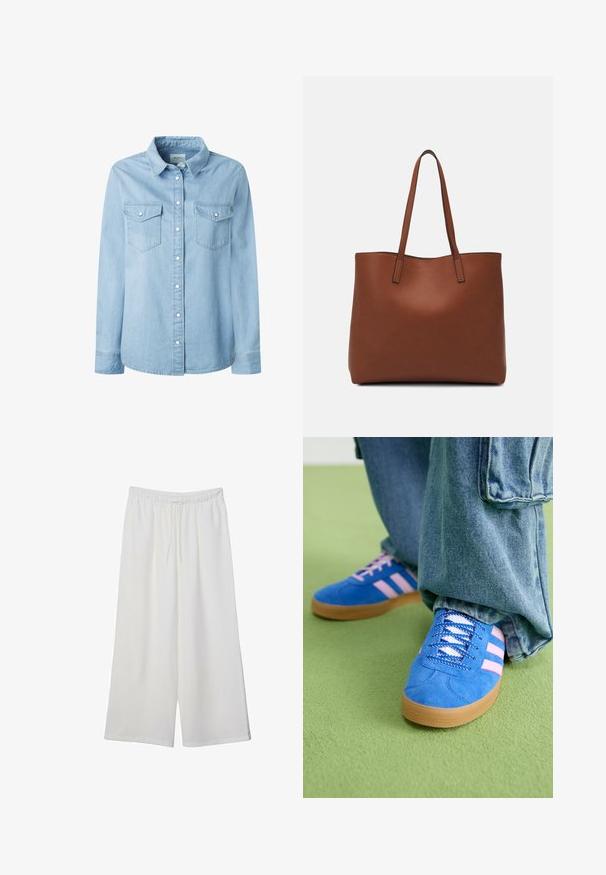 Lys blå denimskjorte med klassisk krave, lange ærmer og to brystlommer. Har knaplukning foran og solide syninger.; Hvide vidde bukser lavet af letvægtsstof, med en elastisk talje og snøre for justerbar pasform. Glat tekstur.; Blå ruskindsko med pink striber og hvide snørebånd, med en sål af gummi, parret med løse denimbukser på en grøn overflade.; Brun læder tote taske med en glat overflade, åben topdesign og to skulderremme. Har minimal syning og ingen synlig hardware.
