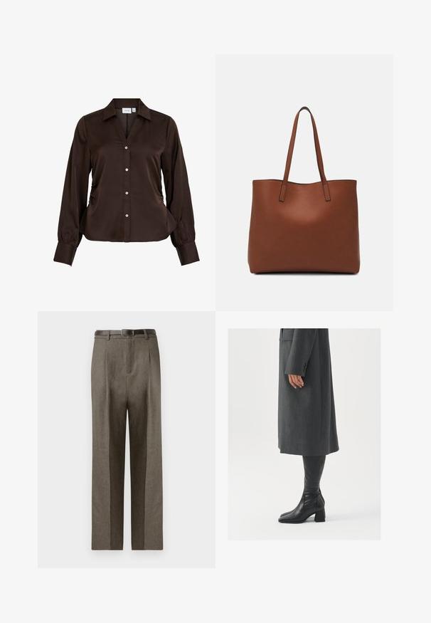 Brun blus med långa ärmar, krage, knappfront och veckdetaljer vid sidorna. Slät, sidenliknande tyg.; Bruna skräddarsydda byxor med rak skärning, som har en mjuk yta, bälteslänkar och en platt frontdesign.; Grå, skräddarsydd ytterrock med rak skärning; kombinerad med knähöga svarta läderstövlar med fyrkantig tå och kraftig klack.; Brun läder tote-väska med en slät textur, öppen toppdesign och två axelremmar. Har minimal söm och ingen synlig metalldetalj.