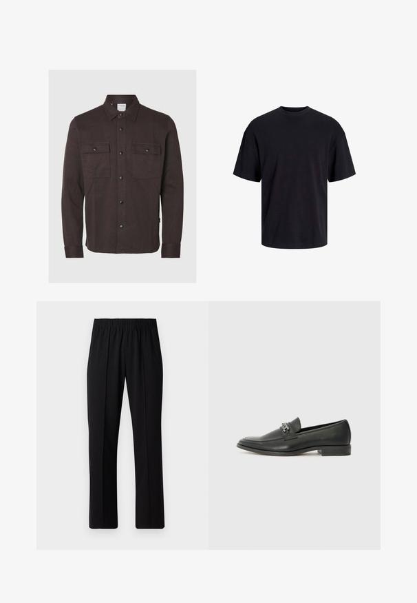 Tamsiai rudos spalvos mygtukų marškiniai su ilgomis rankovėmis, dviem priekinėmis kišenėmis ir juodais snap mygtukais. Pagaminti iš tekstūruotos medžiagos. Standartinio tipo apykaklė.; Juodas medvilninis marškinėlis su apvaliu iškirpimu, trumpomis rankovėmis ir laisvu siluetu. Glotni tekstūra, be matomų raštų ar akcentų.; Juodos, elastingos juosmens kelnės su tiesiomis kojomis, turinčios lygų paviršių ir be matomų raštų ar detalių.; Juodos odinės loafer tipo bateliai su lygiu paviršiumi, turintys siuvinėtą dizainą ir dekoratyvų metalo grandinėlės akcentą ant batų viršaus. Plokščias kulnas.