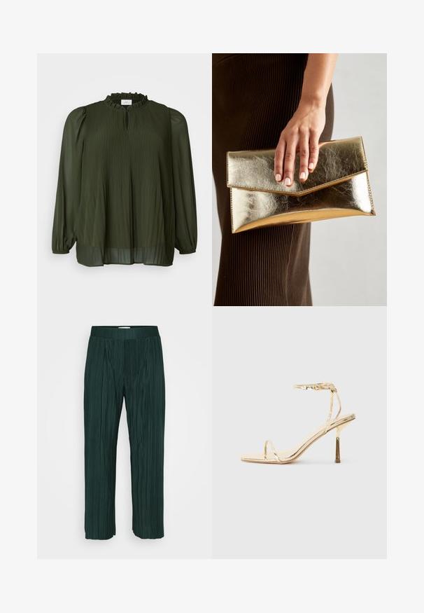 ONLY Carmakoma CARPIONA BLOUSE - Túnica - rosin; Calças largas plissadas em verde escuro com cintura elástica, apresentadas contra um fundo branco simples.; Sandalha de salto alto metálica dourada com biqueira quadrada, tira fina no tornozelo e um design minimalista elegante com um acabamento brilhante.; Bolsa de mão metálica dourada com uma textura suave, apresentando um fecho em aba triangular. A mão que a segura tem unhas bem cuidadas.