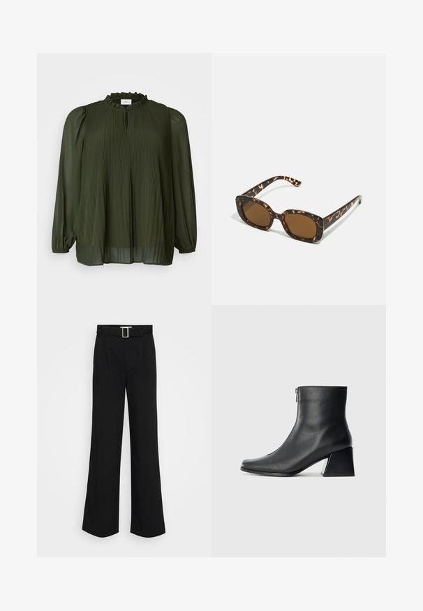 ONLY Carmakoma CARPIONA BLOUSE - Tunika - rosin; Čierne široké nohavice z ľahkej tkaniny, s hladkou textúrou, prednými skladmi a pásom so štvorcovou kovovou prackou.; Čierna kožená členková obuv so štvrcovým špičkou, bočným zipsom a blokovým podpätkom na jednoduchom svetlom pozadí.; Slnečné okuliare v tortoiseshell štýle s okrúhlym, robustným rámom a hnedými šošovkami. Má jemné vzory a rovné, zoštíhlené ramená.