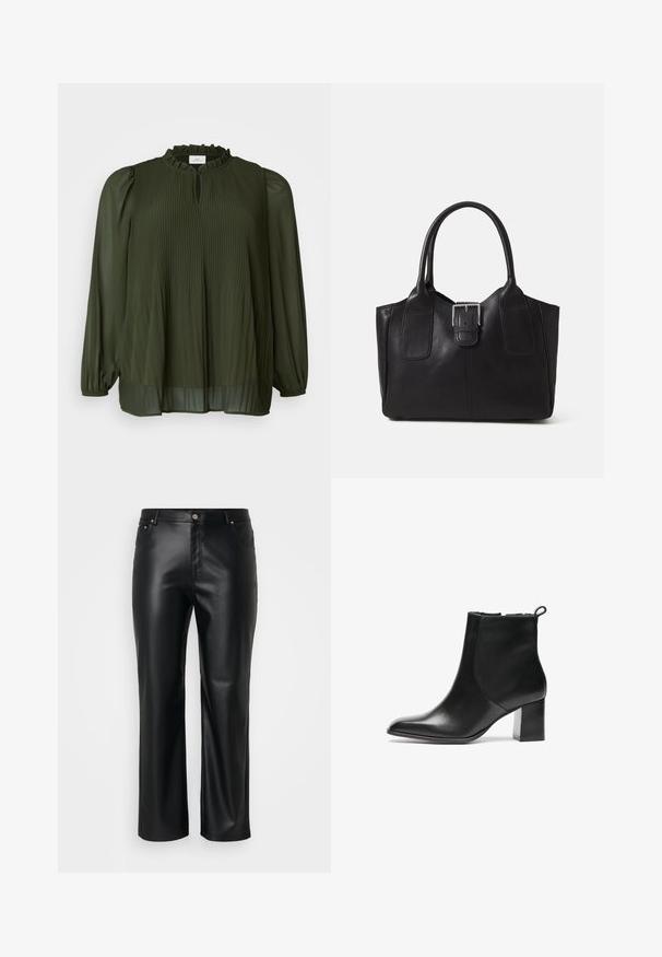 ONLY Carmakoma CARPIONA BLOUSE - Túnica - rosin; Calças de imitação de pele pretas com corte retificado, apresentando passantes para cinto, bolsos frontais e um fecho com zíper e botão. Textura suave.; Bota de tornozelo em pele preta com bico arredondado, um salto bloco de altura média e uma aba de puxar na parte de trás. Textura suave, design minimalista.; Bolsa tote de couro preta com textura suave, forma estruturada, duas alças e um destaque prateado proeminente na parte da frente.