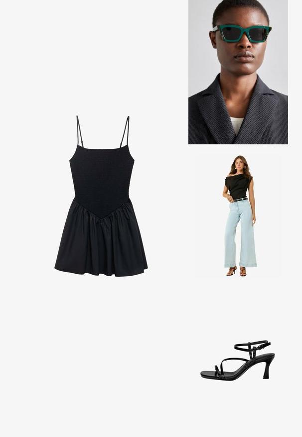 Černý top s odhalenými rameny, světle modré široké džíny a černý pás. Modelka má na sobě černé sandály na vysokém podpatku s hladkým povrchem.; Černé šaty s nařaseným živůtkem a nastavitelnými ramínky. Sukně je nařasená, což vytváří rozšířený tvar. Hladká textura po celém povrchu.; Černé kožené sandály na podpatku s tenkými pásky, čtveratou špičkou a jehlovým podpatkem. Nastavitelný pás kolem kotníku pro lepší přizpůsobení. Hladký povrch.; Zelené sluneční brýle se vzorem a geometrickým rámečkem; tmavé čočky; model má na sobě texturovanou černou sako přes světlý top.; Černá syntetická taška přes rameno s zakřivenou siluetou, strukturovaným povrchem, zlatým trojúhelníkovým logem a odnímatelnými kovovými akcenty.
