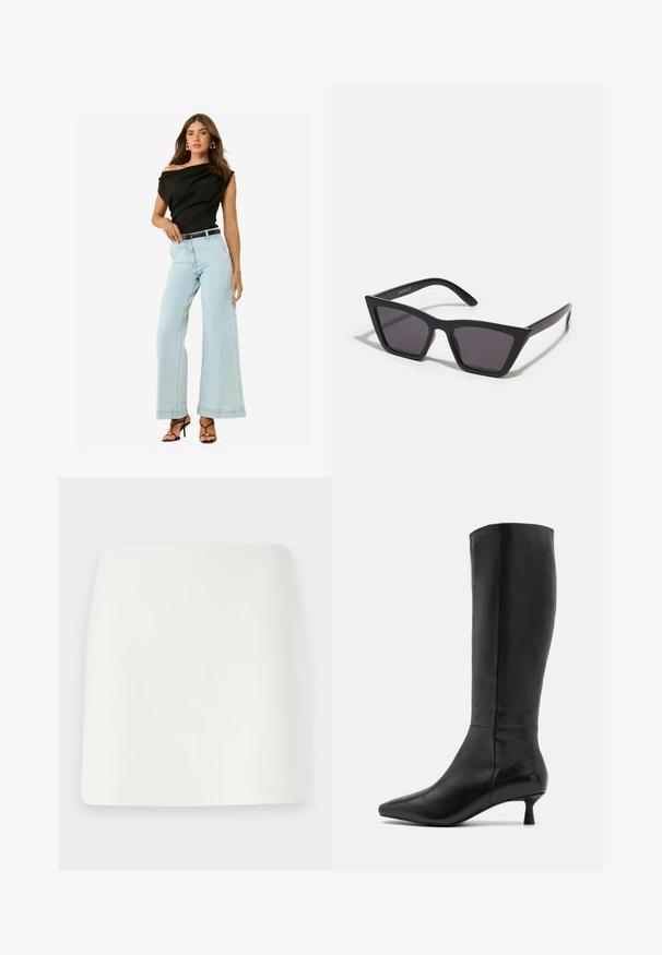 Musta olkaimettomalla paidalla, vaaleansinisten leveälahkeisten farkkujen ja mustan vyön kanssa. Mallilla on päällä kiilakorkoiset mustat sandaalit, joissa on sileä pinta.; Valkoinen, muotoiltu minihame, jossa on sileä tekstuuri ja puhtaat linjat. Ei näkyviä kuvioita tai hardware-osia. Suora helma alaosassa.; Zign Saappaat - black; Mustat, kulmikkaat aurinkolasit harmailla linsseillä; valmistettu muovista, paksuilla varsilla, joissa on sileä pinta ja ilman näkyvää metalliosaa.