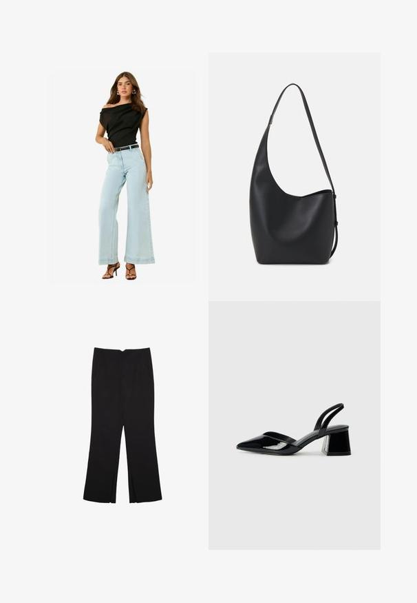 Schwarzes schulterfreies Top, hellblaue weite Jeans und schwarzer Gürtel. Das Model trägt schnürbare schwarze Absätze mit glatter Textur.; Schwarze Hose mit geradem Schnitt, ausgestattet mit Fronttaschen und Seitenschlitzen am Saum. Hergestellt aus weichem, glattem Stoff. Geeignet für verschiedene Anlässe.; Schwarze Lackleder-Slingback-High Heels mit spitzem Schuh und einem geometrischen Blockabsatz. Verfügt über ein schlankes, minimalistisches Design und eine glatte Textur.; Schwarze Leder-Hobo-Tasche mit einer glatten Textur, geschwungener Form und einem einzelnen verstellbaren Tragegurt; verfügt über eine weite Öffnung am oberen Ende.