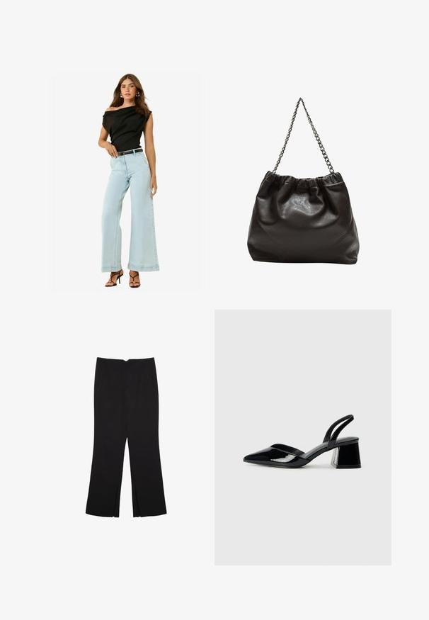 Čierny top bez ramienok, svetlomodré široké džínsy a čierny opasok. Model nesie sandále na ihlovom podpätku čiernej farby s hladkou textúrou.; Čierne nohavice so strihom rovného strihu, s prednými vreckami a bočnými rozparkami na leme. Vyrobené z mäkkej, hladkej tkaniny. Vhodné na rôzne príležitosti.; Čierne lakované kožené sandálové podpätky s špicatou špičkou a geometrickým blokovým podpätkom. Disponujú elegantným, minimalistickým dizajnom a hladkým povrchom.; Hnedá kožená taška so zberaným vrchom a reťazovým popruhom. Hladký povrch s lesklým finišom a jemným švom po stranách.