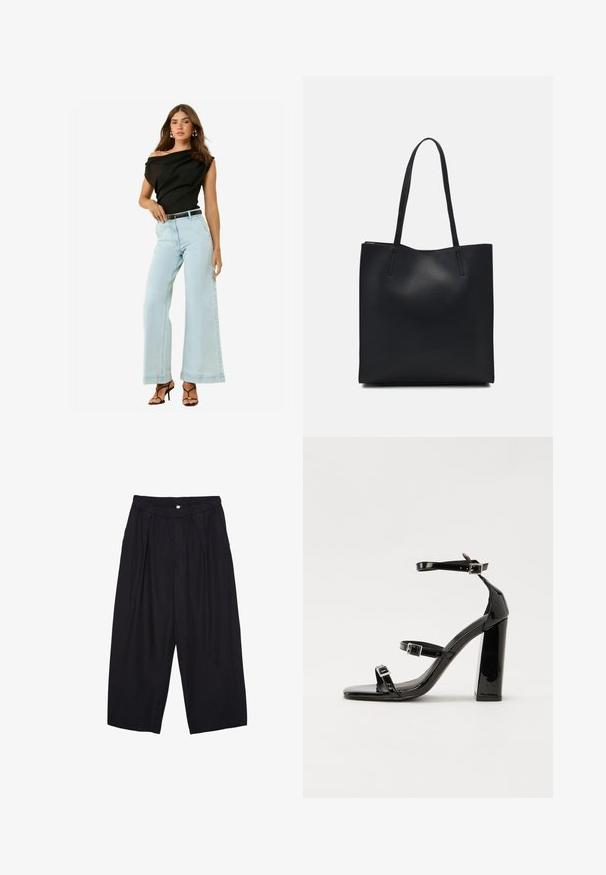 Top nero scoperto sulle spalle, jeans baggy azzurri, e cintura nera. Modella indossa tacchi neri a strappo con una texture liscia.; Pantaloni culotte neri in poliestere con una cintura elastica, due pieghe frontali e una silhouette ampia. Nessun motivo visibile o dettagli in metallo.; Sandali con tacco in vernice nera, con punta squadrata, cinturini alla caviglia e fibbie in argento. Presentano un tacco a blocco spesso per maggiore stabilità.; Borsa tote in pelle nera con texture liscia, forma rettangolare e due manici lunghi. Nessun hardware o decorazione visibile.