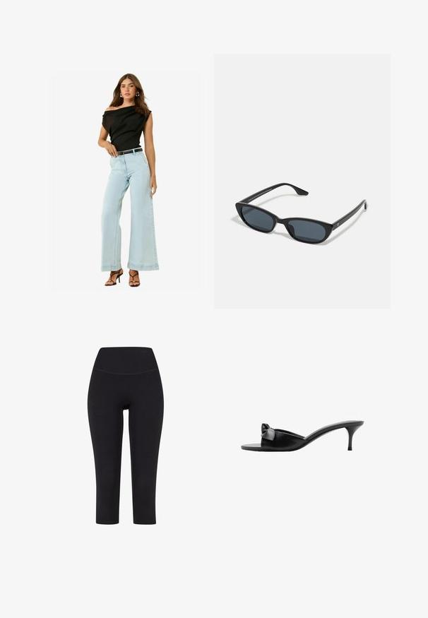Top nero scoperto sulle spalle, jeans baggy azzurri, e cintura nera. Modella indossa tacchi neri a strappo con una texture liscia.; Leggings neri a tre quarti realizzati in tessuto elasticizzato, con una vita alta e senza motivi o hardware visibili.; Mule aperti neri in pelle liscia con un accento a fiocco, punta aperta e tacco alto sottile. Texture liscia e design minimalista.; Occhiali da sole cat-eye neri con lenti scure, montatura in plastica, stanghette sottili e una leggera marca sulla parte interna del braccio. Finitura opaca.