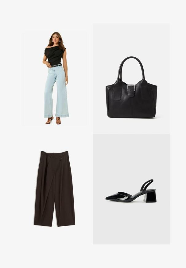 Fekete, váll nélküli felső, világoskék, bő szárú farmernadrág és fekete öv. A modellen csúszó fekete magassarkúk vannak, sima textúrával.; Sötétbarna, bő szárú nadrág magas derékkal, egyetlen gombos záródással és redős elülső résszel. Könnyű anyagból készült.; Fekete lakk bőr szandálkés magas sarkú cipő, hegyes orral és geometrikus tömbsarkakkal. Karcsú, minimalista dizájn és sima textúra jellemzi.; Fekete bőr bevásárlótáska sima textúrával, strukturált formával, két fogantyúval és egy figyelemfelkeltő ezüst csattal az elején.
