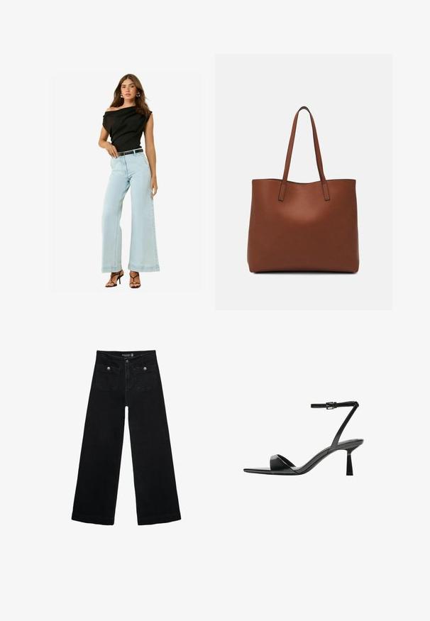 Čierny top bez ramienok, svetlomodré široké džínsy a čierny opasok. Model nesie sandále na ihlovom podpätku čiernej farby s hladkou textúrou.; Čierne široké nohavice s vysokým pásom, s dvoma prednými vreckami a kovovými detailmi na gombíku. Tkanina má hladkú textúru.; Bershka Sandále na vysokom opätku - black; Hnedá kožená taška na rameno s hladkou textúrou, otvoreným vrchom a dvoma ramenými popruhmi. Má minimálne šitia a žiadne viditeľné kovania.