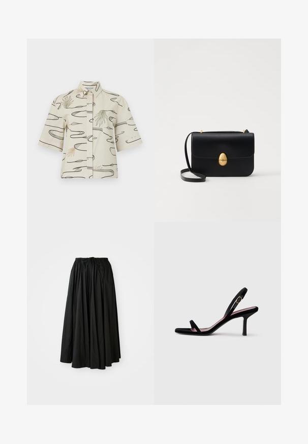 Short-sleeve shirt in cream cotton featuring black line patterns and abstract green and beige accents. Button-up front with a collar.; Black, ankle-length skirt made of lightweight fabric. Features a gathered waistband with a drawstring for adjustable fit and a flared silhouette.; Black suede women's high-heeled sandal with slim straps and a gold buckle on a white background, side view.; Black leather handbag with a structured rectangular shape. Features a golden oval clasp and a thin shoulder strap. Smooth texture.