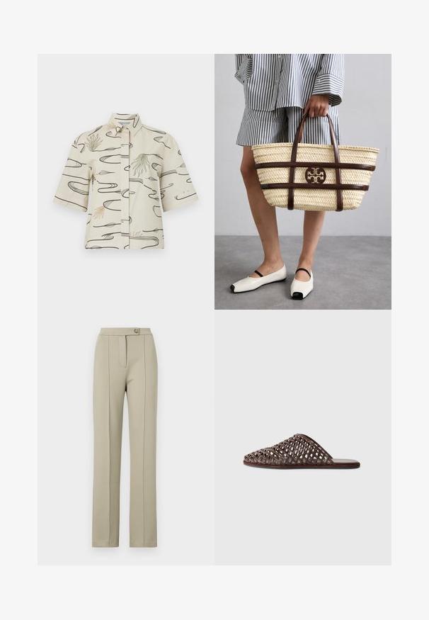 Maglietta a maniche corte in cotone crema con motivi a righe nere e accenti astratti verdi e beige. Chiusura con bottoni sul davanti e colletto.; Pantaloni beige su misura con vestibilità dritta, dotati di zip anteriore, chiusura a un bottone e pieghe leggermente pressate lungo le gambe frontali.; Sandal in tessuto intrecciato marrone con punta arrotondata, design aperto, suola piatta e superficie testurizzata. Materiale leggero e silhouette minimalista.; Borsa tote in paglia intrecciata con accenti e manici in pelle marrone. Presenta un logo intagliato e bande orizzontali di contrasto.