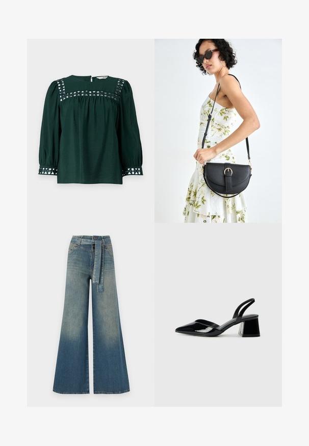 Mörkgrön blus med långa puffärmar, strukturerad tyg och dekorativa utskärningar på oket och manschetterna. Nyckelhålsslutning bak.; Breda denimbyxor med en ljus till mörkblå gradient, hög midja, bälteshällor och ett matchande tygbälte. Texturerad denimfinish.; Svarta lackläder slingback klackar med spetsig tå och geometrisk klack. Har en elegant, minimalistisk design och slät yta.; Svart läderhandväska med en böjd form, avtagbar rem och guldiga detaljer. Väskan har ett lock med en spänndetalj.