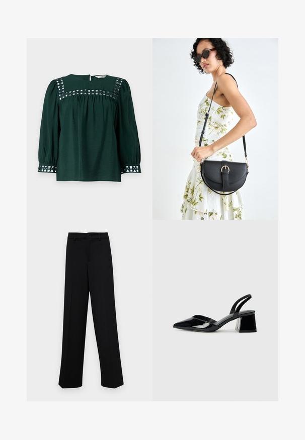 Dunkelgrüne Bluse mit langen Puffärmeln, strukturiertem Stoff und dekorativen Ausschnitten an der Passe und den Bündchen. Praktischer Schlüsselriegel-Verschluss im Rücken.; Schwarze, weit geschnittene Hosen aus glattem Stoff, mit einem klassischen Taillenbund und einem Knopfverschluss sowie vorderen Falten.; Schwarze Lackleder-Slingback-High Heels mit spitzem Schuh und einem geometrischen Blockabsatz. Verfügt über ein schlankes, minimalistisches Design und eine glatte Textur.; Schwarze Lederhandtasche mit geschwungener Form, abnehmbarem Tragegurt und goldenen Beschlägen. Die Tasche verfügt über einen Deckel mit einer Schnallen-Details.