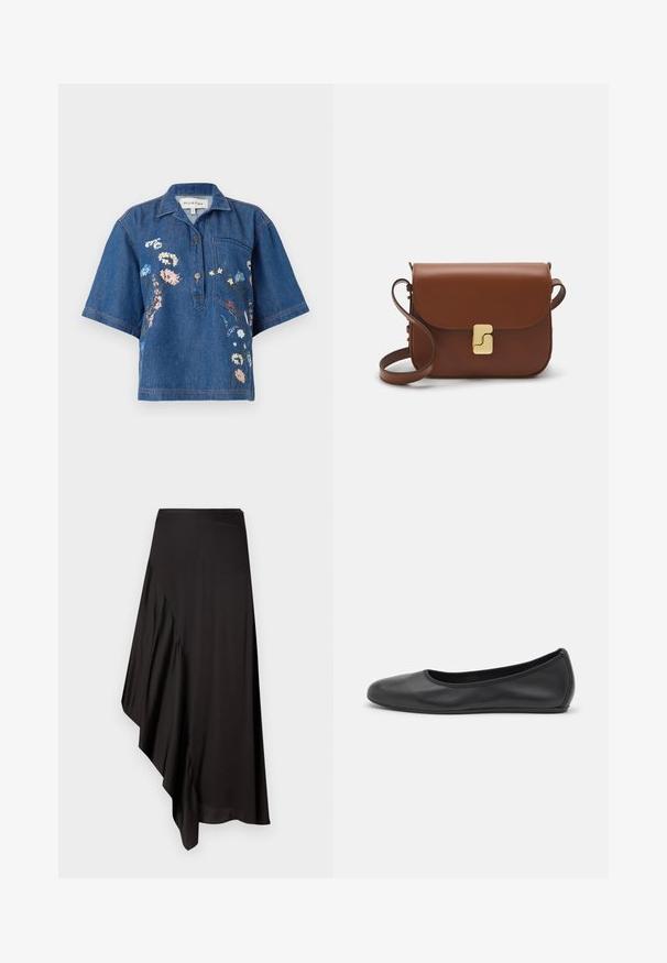 Denim short-sleeve shirt with a collared neck; features floral embroidery in pink, blue, and white; includes one chest pocket and button detail.; AERON ASTER SKIRT - Pencil skirt - black; Black leather ballet flat with a rounded toe, smooth texture, minimal stitching detail, and a flexible sole design.; Brown leather handbag with a flap closure, gold-tone hardware, a shoulder strap, and a smooth texture. Compact rectangular shape.