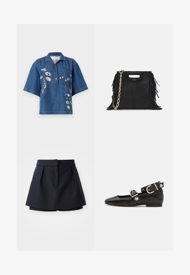 Denim skjorte med korte ermer og krage; har blomsterbroderi i rosa, blått og hvitt; inkluderer en brystlomme og knappdetalj.; Marineblå, pregede shorts med høj talje, lavet af blødt stof. Har et tætsiddende design og en skjult forlommek.; Sorte lakkderflat sko med firkantet tå, ankelstropp med sølvfarge detaljer, og flat såle. Glatt tekstur med minimalistisk design.; Svart læderhåndtaske med frynsedetaljer, guldkæde skulderrem og udskåret håndtag. Har logo placeret på forsiden.