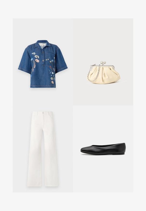 Camicia di jeans a maniche corte con colletto; presenta ricami floreali nei toni di rosa, blu e bianco; include una tasca sul petto e dettagli con bottoni.; Jeans bianchi a vita alta e gamba larga realizzati in denim. Presentano una chiusura con bottone, due tasche anteriori e cuciture decorative nei lati.; Paul Smith TOPANGA - Ballerine - black; Clutch in pelle beige plissettata con una struttura in metallo argento, dotata di due chiusure decorative rotonde e una tracolla in catena argentata.