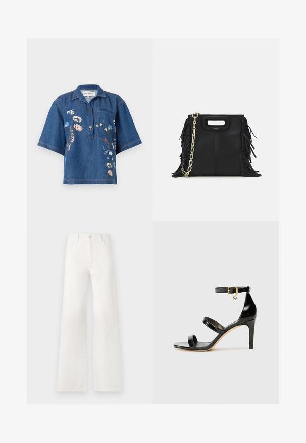 Denimist lühikeste varrukatega shirt kaelusega; sisaldab roosade, siniste ja valgete lillede tikandeid; sisaldab ühte rinnataskut ja nööbidetaili.; Valged, kõrge vöökohaga laiad teksad, mis on valmistatud denimist. Omab nupuga sulgemist, kahte esimest taskut ja külgede õmbluste detailseid õmblusi.; Must musta nahk sandaal kolme rihmaga, pahkluu vööga ja 4-tollise stilettakontsaga. Omab kuldset detaili ja logovõtit.; Musta nahk käekott, millel on frantsiisid, kuldne ahelsanga ja lõigatud käepide. Esiosas on logot.