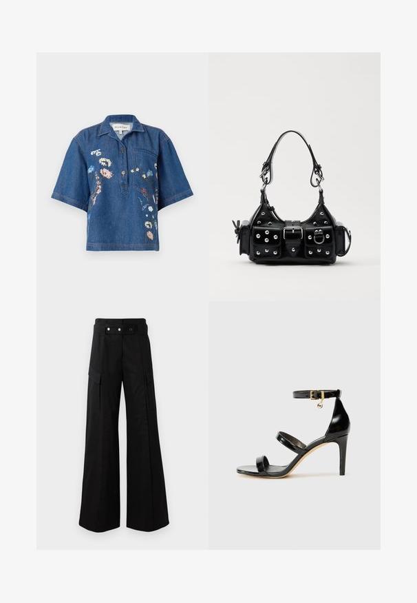 Farmer rövidujjú ing, galléros nyakkal; rózsaszín, kék és fehér virágmintás hímzéssel rendelkezik; egy mellzsebet és gombos részletet tartalmaz.; Fekete, bő szárú nadrág magas derékkal, nagyméretű oldalsó zsebekkel, két elülső gombbal és hurok részlettel. Tartós anyagból készült.; Fekete lakk bőr szandál három pánttal, bokapánttal és 10 cm magasságú tűsarokkal. Arany színű részletekkel és logó charm-mal rendelkezik.; Fekete bőr kézitáska ívelt designnal, ezüst szegecsekkel, csattal és két oldalsó zsebbel. Állítható vállpánt a hordozási lehetőségekhez.