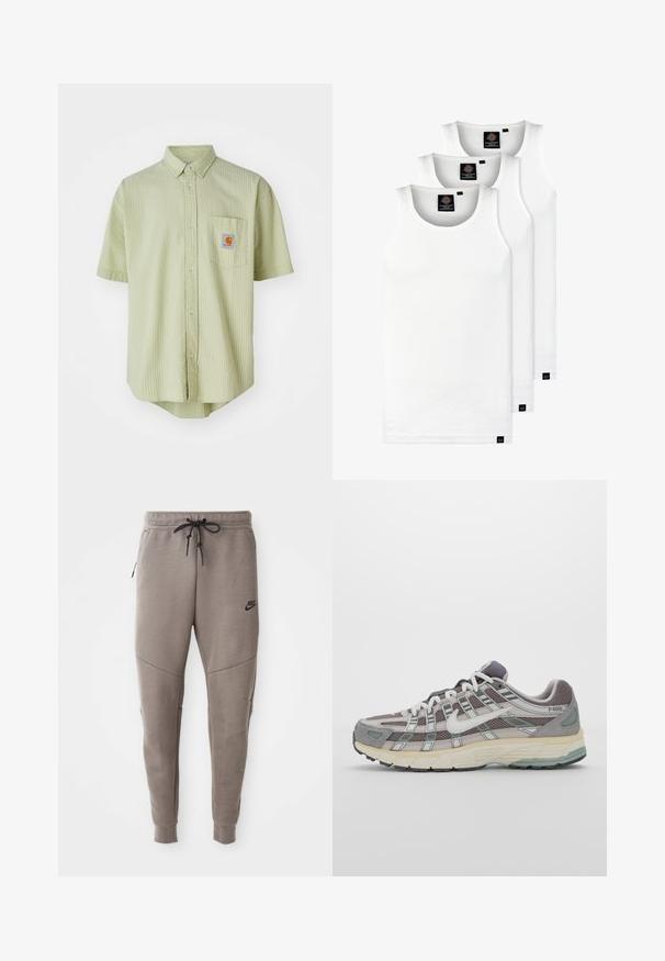 Kortærmet lysegrøn skjorte med et struktureret mønster, spids krave, forlommer og et kvadratisk logo-patch på brystet.; Tre hvide ribbede tanktops lavet af bomuld. Har en rund hals og små sorte mærker nær sømmen. Fås i flere størrelser.; Grå Nike joggingbukser med snoretræk i taljen, tapered ben, sidelommer og markante sømdetaljer. Blødt, struktureret stof.; Grå sportssko med overdel i mesh og ruskind, hvide accenter, en polstret sål og et særpræget design med reflekterende elementer.