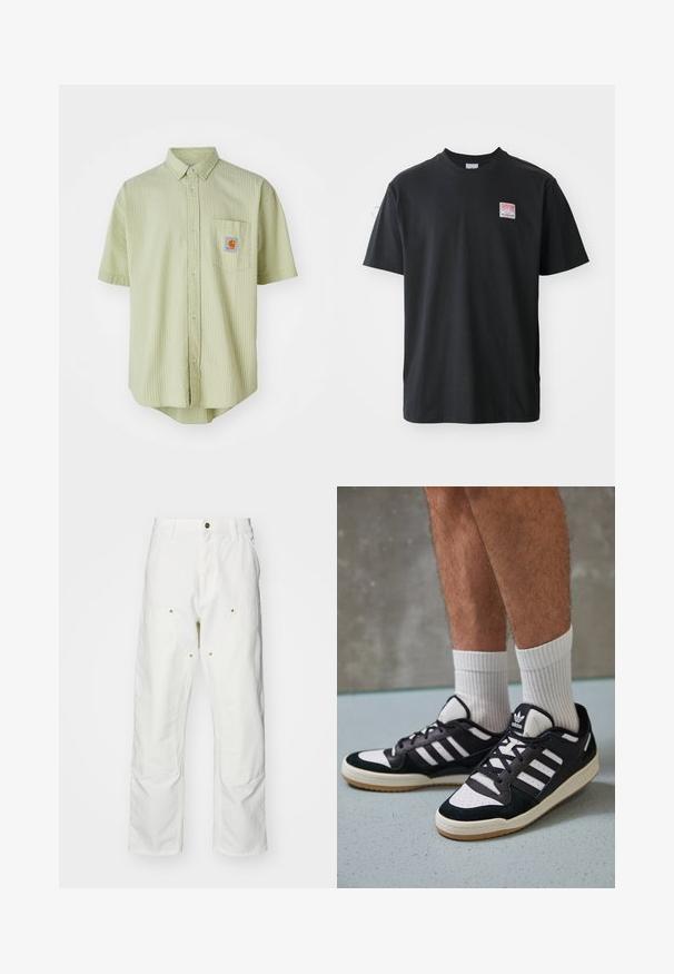 Īsām piedurknēm gaismas zaļas krāsas krekls ar teksturētu rakstu, ar izteiktu apkakli, priekšējo kabatu un kvadrātveida marķējumu uz krūtīm.; Melna kokvilnas T-krekls ar apaļu kaklu, īsām piedurknēm un nelielu krāsainu etiķeti kreisajā krūtīs, kurā ir vārds "SUPERIOR".; Baltas kokvilnas kargo bikses ar brīvu piegriezumu. Iezīmes ietver priekšējās kabatas, zeltītas detaļas un pastiprinātas ceļa daļas.; Melnas un baltas kedas ar zamša un ādas augšdaļu, kas aprīkotas ar trim baltām svītrām, perforētu purngali un gumijas zolēm.