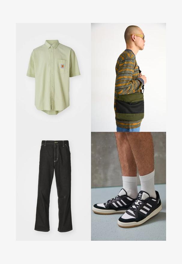 Šviesiai žalia trumpomis rankovėmis marškiniai su tekstūruota raštų, smailiu apykakle, priekiniais kišenės ir kvadratiniu logotipo užkliju ant krūtinės.; Juodi džinsai su laisvu siluetu, turintys kontrastingas balto siūlo siūles, mygtuko uždarymą ir tiesų kojos dizainą.; Juodos ir baltos sportinės bateliai su zomšiniu ir odiniu viršumi, su trimis baltomis juostelėmis, perforuota koja ir guminėmis padais.; Žalias pranešimų krepšys su juodu tinklo priekiu, turintis užtrauktuku uždaromą kišenę. Matomas tekstūruotas audinys ir reguliuojama petneša.