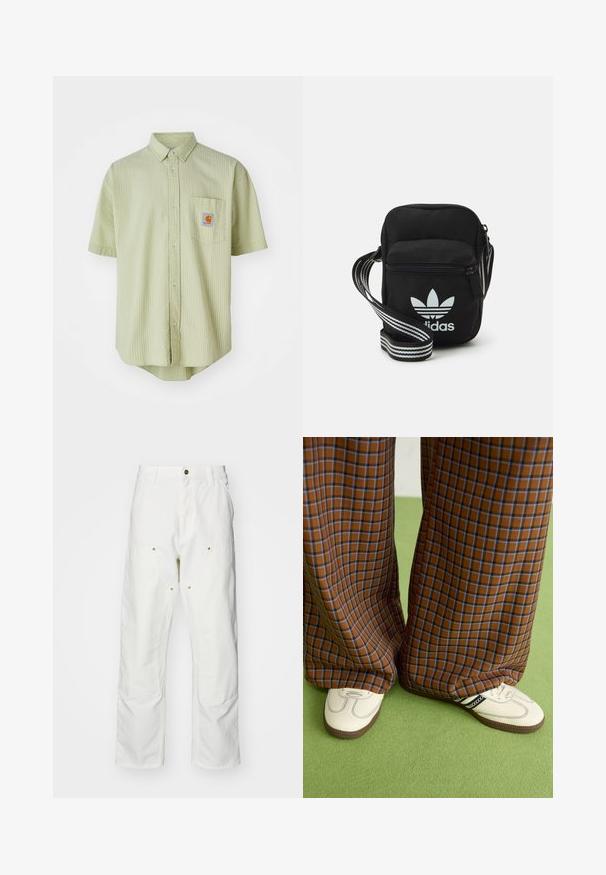 Korte mouw lichtgroen shirt met een gestructureerd patroon, een puntige kraag, een borstzak en een vierkant logo patch op de borst.; Witte katoenen cargobroeken met een relaxte pasvorm. Kenmerken zijn onder andere voorzakken, gouden hardware accenten en versterkte kniezones.; Bruine en blauwe geruite wijde broek, gecombineerd met witte schoenen met zwarte accenten en een gestructureerde zool, gezet tegen een groene achtergrond.; Zwarte stoffen schoudertas met een ritssluiting, voorzien van een wit Adidas-logo en een gestreepte, verstelbare schouderband voor gemakkelijk dragen.