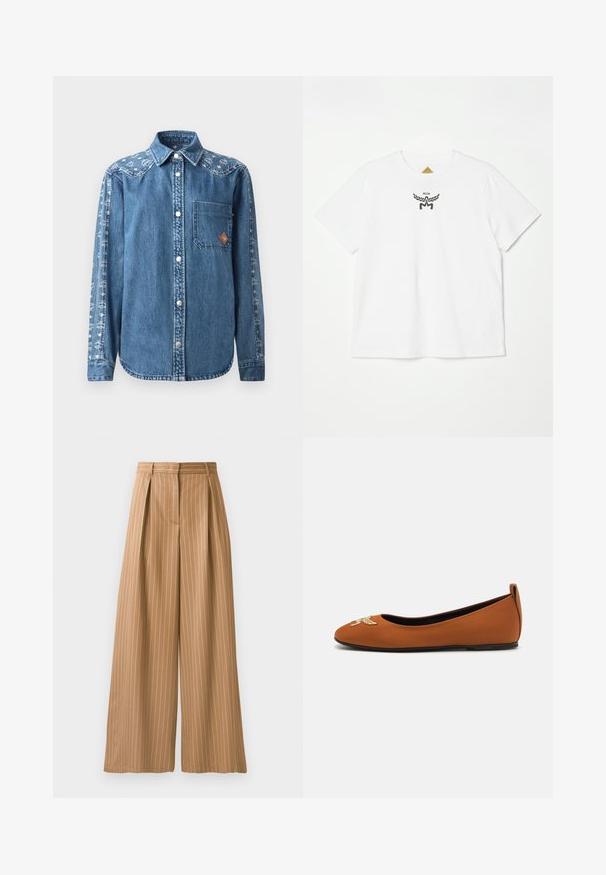 Denim shirt in blue with button front, single chest pocket, and decorative pattern on sleeve. Features snap buttons and a pointed collar.; White cotton t-shirt featuring a small black logo with wings and "MCM" at the center front. Short sleeves and crew neck design.; Wide-leg trousers in a tan fabric with vertical white stripes. Features pleats at the waist and a smooth texture.; Brown ballet flat made of smooth material with a rounded toe, featuring a decorative embroidered design on the toe and a low heel.