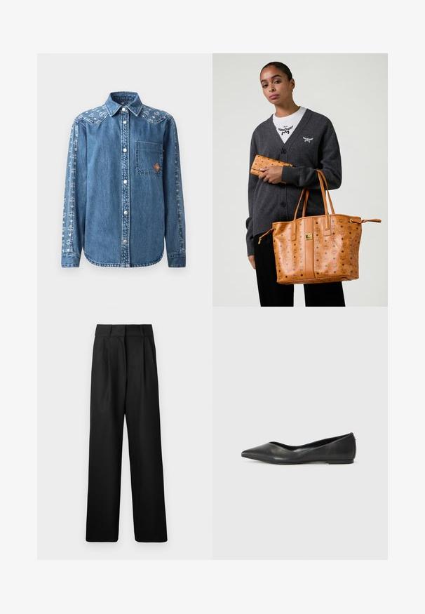 Mėlyna džinsinė marškinė su mygtukų priekyje, viena krūtinės kišenė ir dekoratyviniu raštu ant rankovės. Pasižymi užsegimais ir suformuotu apykakle.; Balta medvilninė marškinėliai su mažu juodu logotipo dizainu su sparnais ir „MCM“ centre. Trumpi rankovės ir apvalus kaklas.; Juodos plačios kojų kelnės su lygiu paviršiumi, su priekinėmis raukšlėmis ir aukštu liemeniu. Pagamintos iš lengvo audinio.; Juodas odinis baleto batelis su smailiu носu, žemu kulnu ir lygiu paviršiumi. Minimalistinis dizainas su subtiliu šoniniu akcentu.; Moteris, apsirengusi tamsiai pilku kardiganu ir baltu marškinėliais, laiko šviesiai rudos odinę rankinę ir derančią piniginę su logotipo spauda.