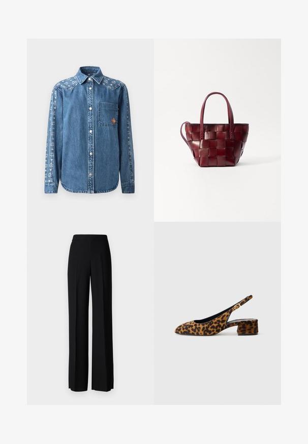 Kék farmering gombos elülső résszel, egyetlen mellzsebbel és díszes mintával az ujjon. Jellemzője a patentgomb és a hegyes gallér.; Fekete, széles szárú nadrág sima tapintással, magas derékkal és középen pliszével. Nincsenek látható minták vagy fém részletek.; Női leopárdmintás, csak hátsó pánttal rendelkező cipő, alacsony tömbsarkúval és arany csattal az oldalpánton, oldalsó profilban látható, sima háttéren.; Szőtt bordó bőr tote táska két rövid fogantyúval és levehető vállpánttal. Strukturált formája és sima textúrája jellemzi.